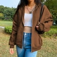 thumbnail image 1 of Chandail à Capuchon à Fermeture Éclair en Mélange de Coton Uni pour Femmes, Chandail en Molleton Femme, Veste Ample, Café, 2TG, 1 of 7