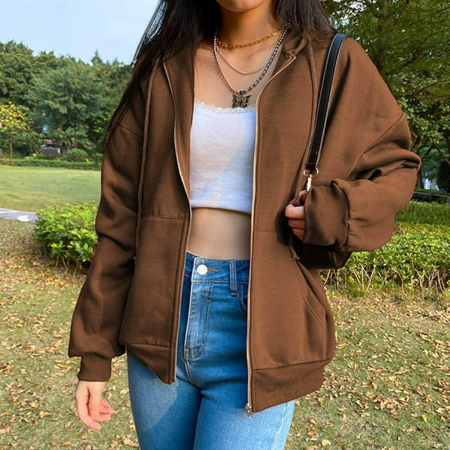 Veste à Capuche Zippée en Mélange de Coton Uni pour Femmes, Ample, Café, TG
