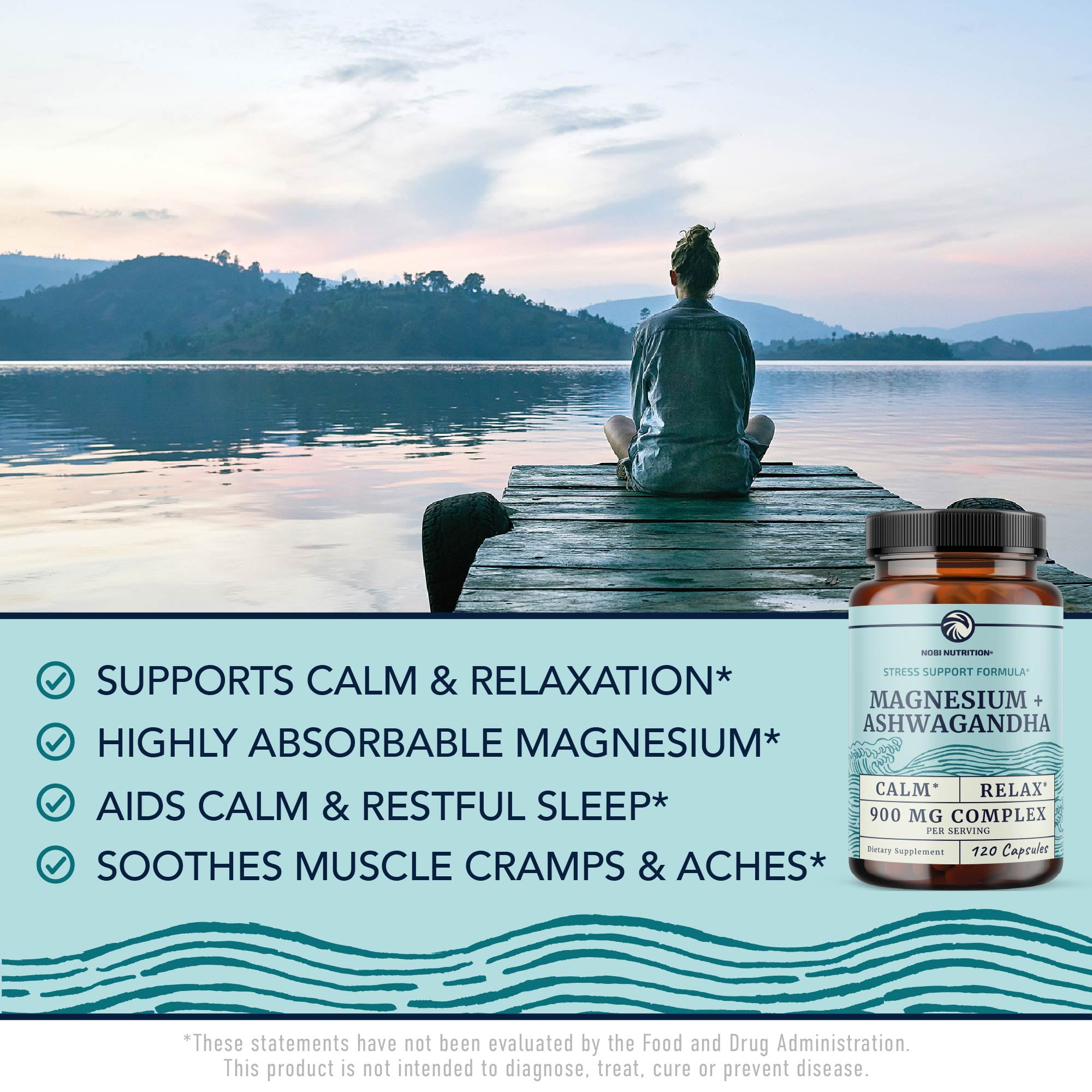 Magnesium Ashwagandha Calming Supplement for Adults | Magnesium Supplement to Support Rest, Calm Mood, Muscle Health & Stress Relief | 120 Ct