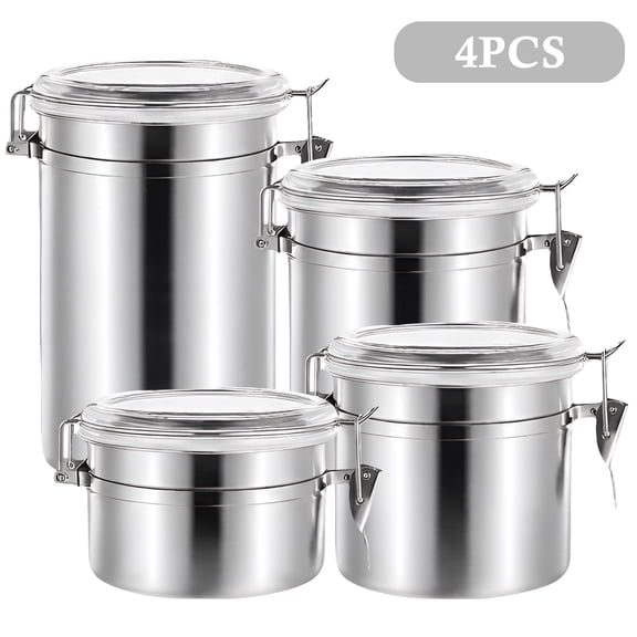 4-Piece Stainless Steel Canister Set, 5-Inch Kitchen Storage Containers in 28/32/38/65 oz, Clear Lid Food Jars for Sugar, Flour, Tea, Candy, Cookies and Spices