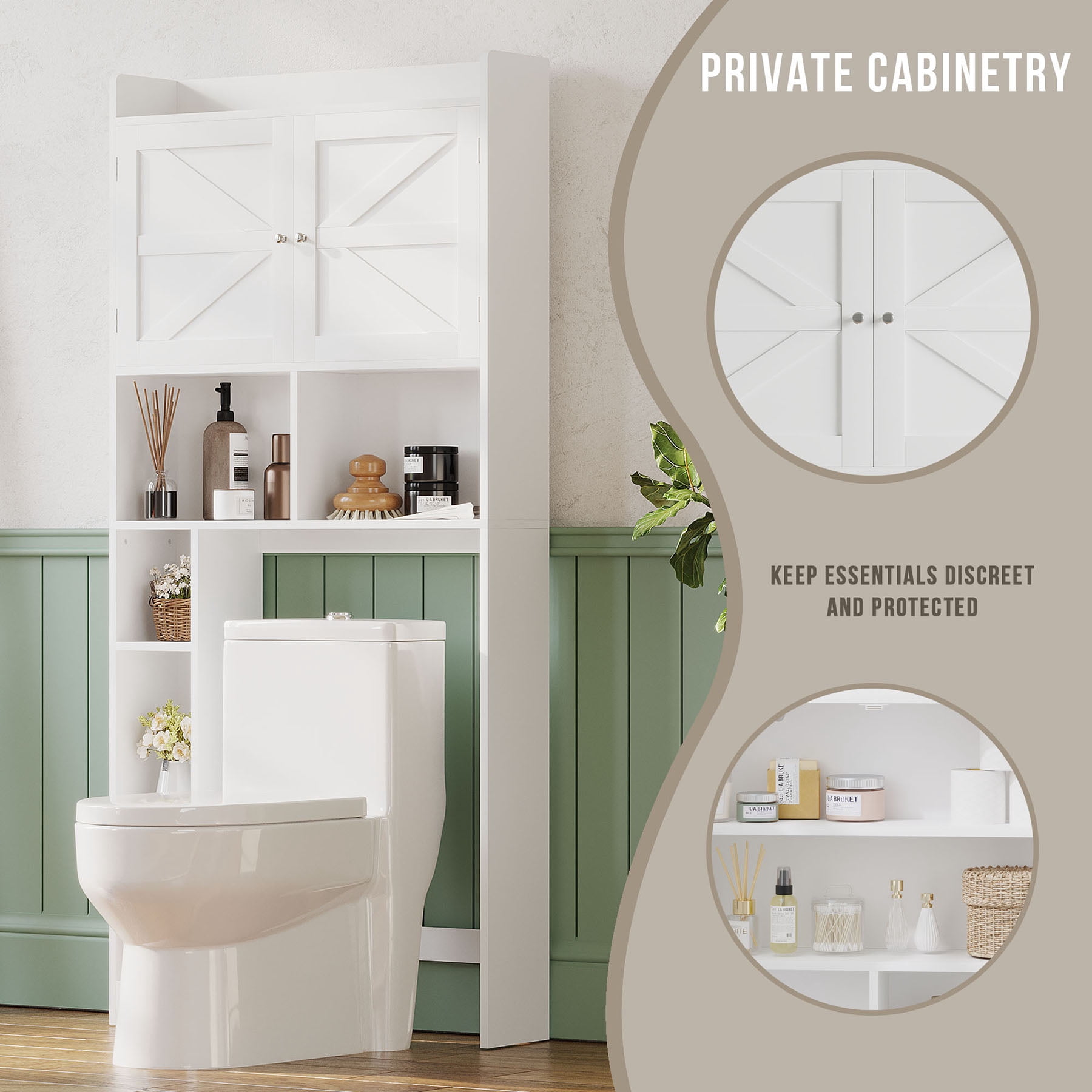 S-HOME White Bathroom Space Saver Cabinet With Double Doors, Open Shelves And Adjustable Shelf For Organized Toiletries