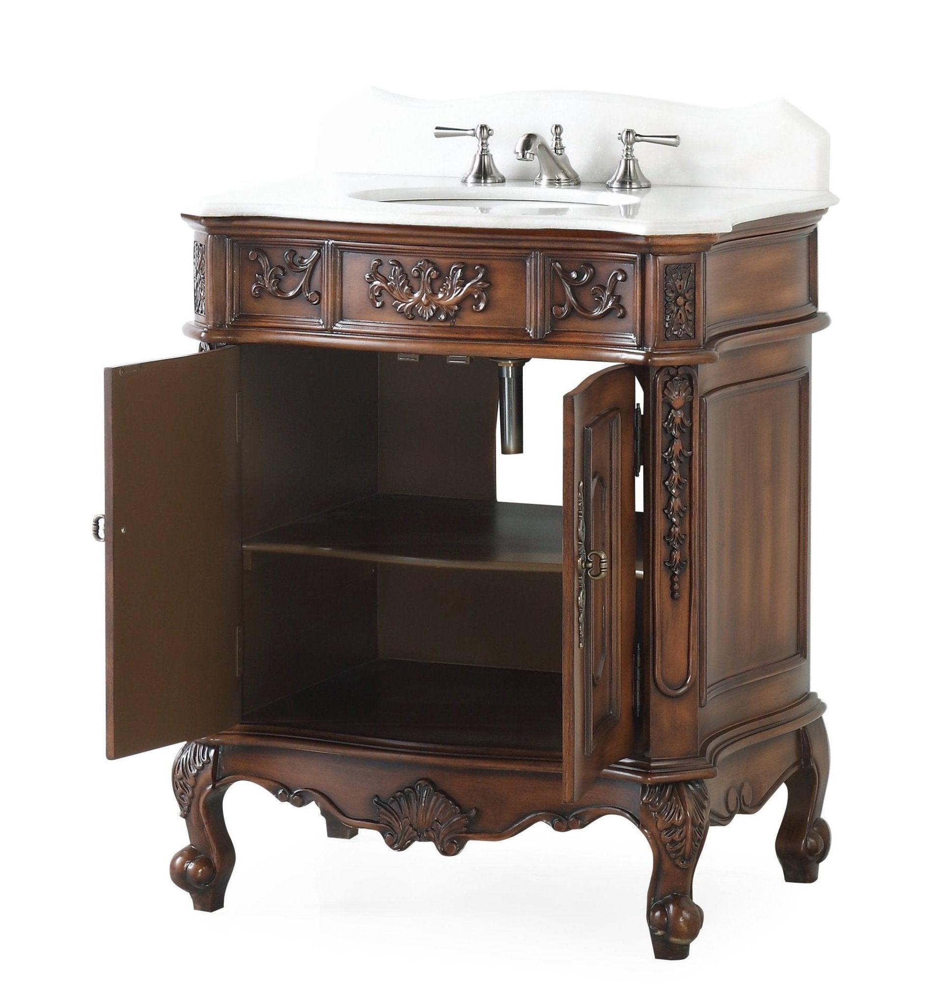 Benton Collection 30" Brown Antique Bathroom Vanity with White Marble Top
