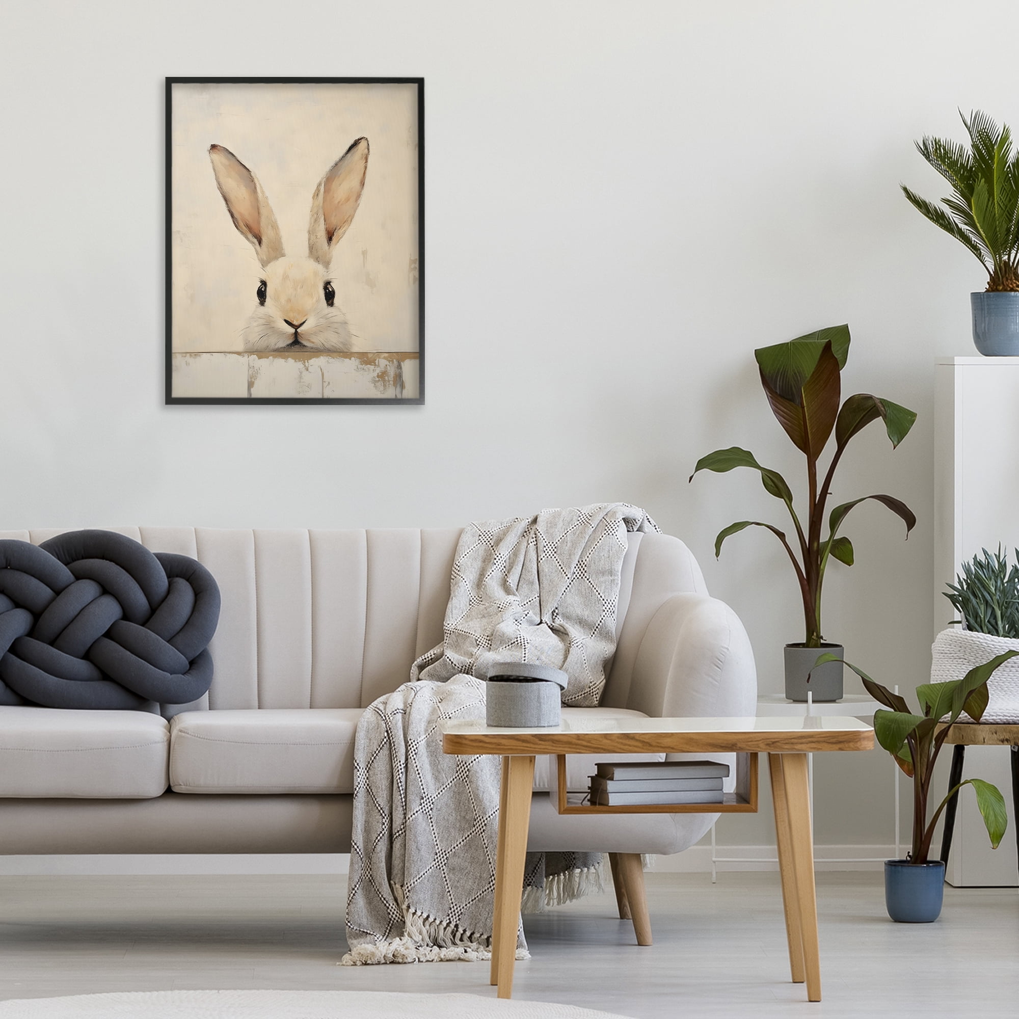 Stupell Industries Peeking Bunny in Soft Neutrals Black Framed Giclee Art, design by LSR Design Studio