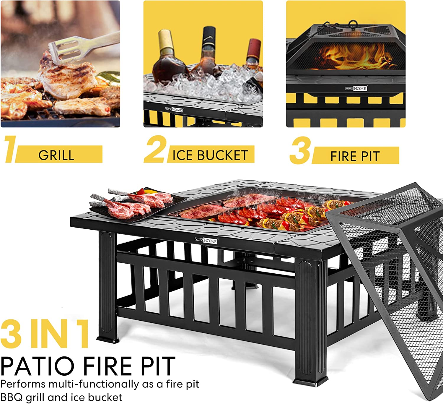 VIVOHOME 32 Inch Heavy Duty 3 in 1 Metal Square Patio Firepit Table BBQ Garden Stove with Spark Screen Cover Log Grate and Poker for Outside Wood Burning and Drink Cooling