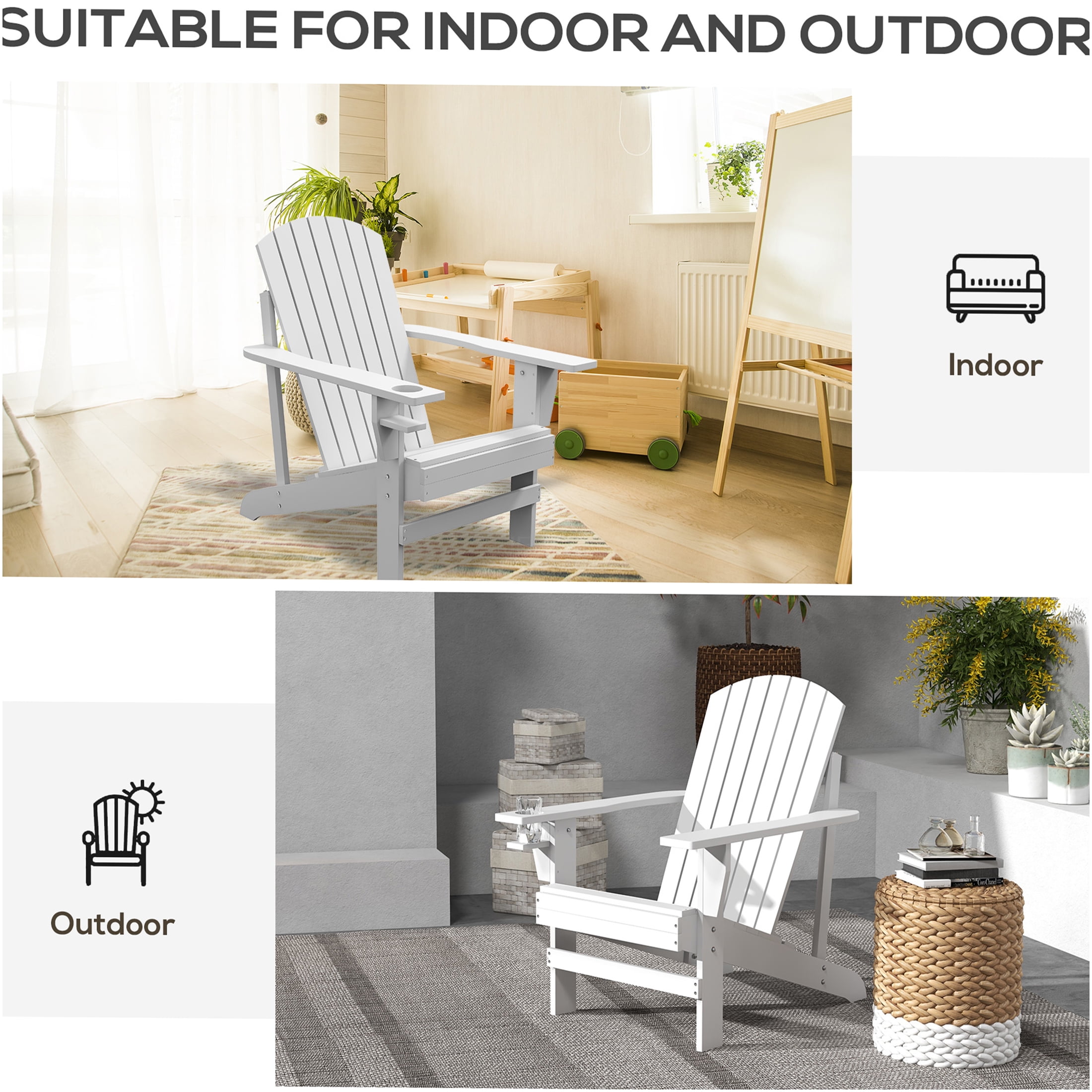 JERFIT White Wood Adirondack Chair with Cup Holder, Outdoor Patio Lounge Chair Weather-Resistant Solid Wood for Garden, Deck, Backyard, Fire Pit