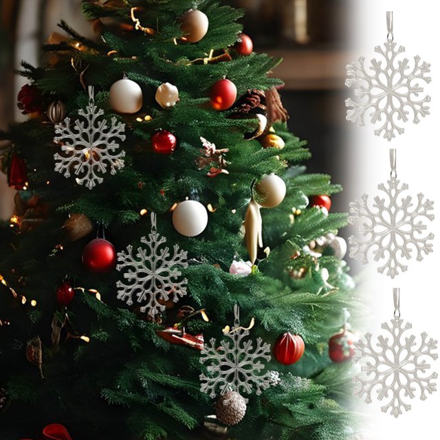 Adornos de copo de nieve de Navidad | Colgantes transparentes de 3 paquetes • Plástico ligero | Decoración de boda de invierno • Fácil de colgar • Decoraciones ideales para el árbol de Navidad
