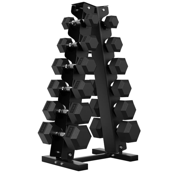 HANDBODE 150 lb Dumbbell Set Rubber Encased Hex Dumbbell Free Weights Dumbbells Home Weight Set with 6-Tier A-Frame Dumbbells Rack