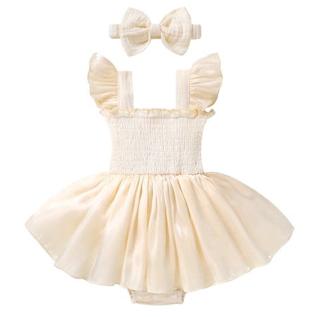 Happy Town Infant Baby Girl Summer Clothes Sleeveless Romper Dress 3-24M Toddler Girl Bodysuit with Headband