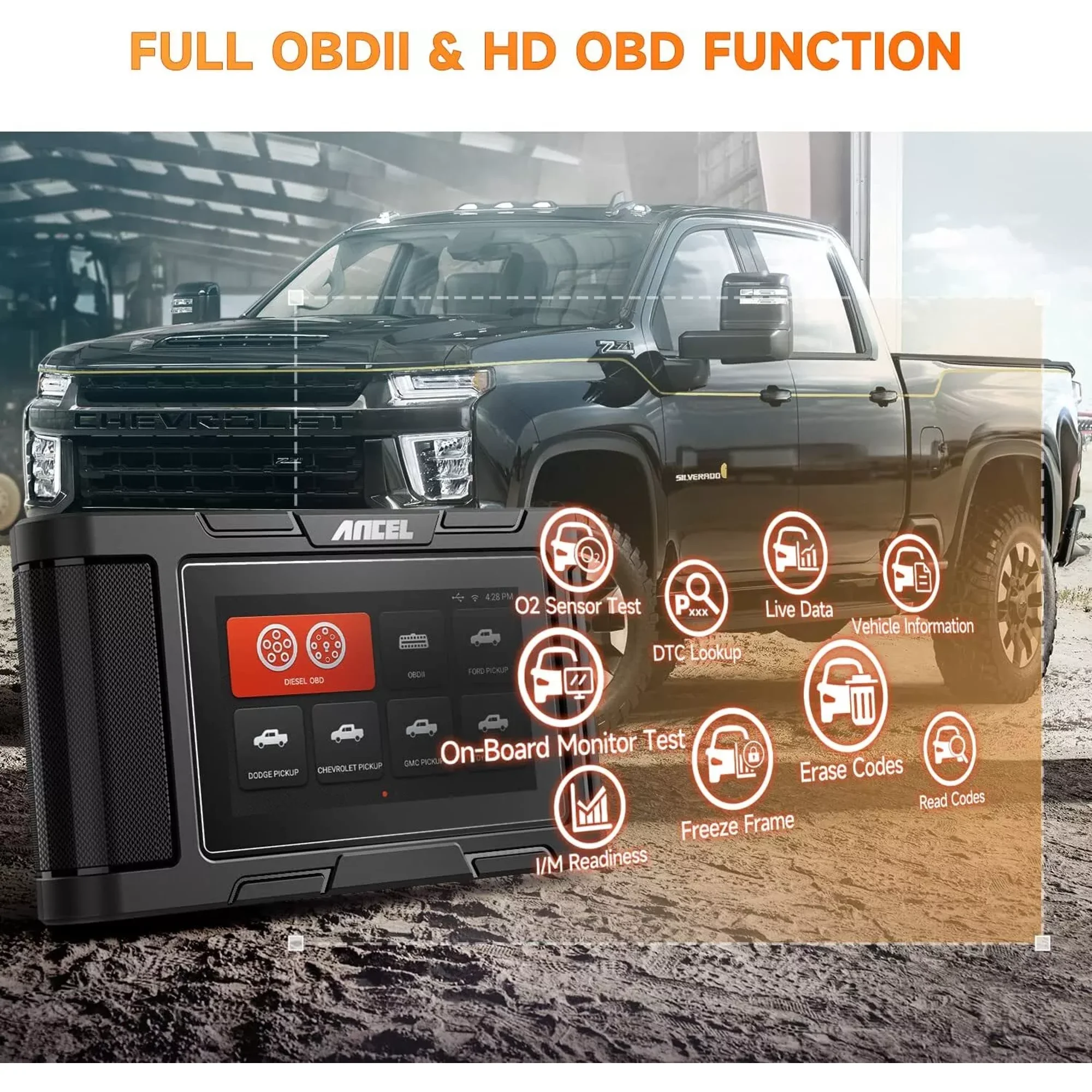 ANCEL HD3500 Pickup Truck OBD2 Scanner, All Systems Diesel Diagnostic Tool with Bidirectional & Service Reset & D-P-F Regen, 2-IN-1 Car Code Reader for Ford/Dodge/Chevy/GMC/Toyota/Honda/Nissan/Isuzu