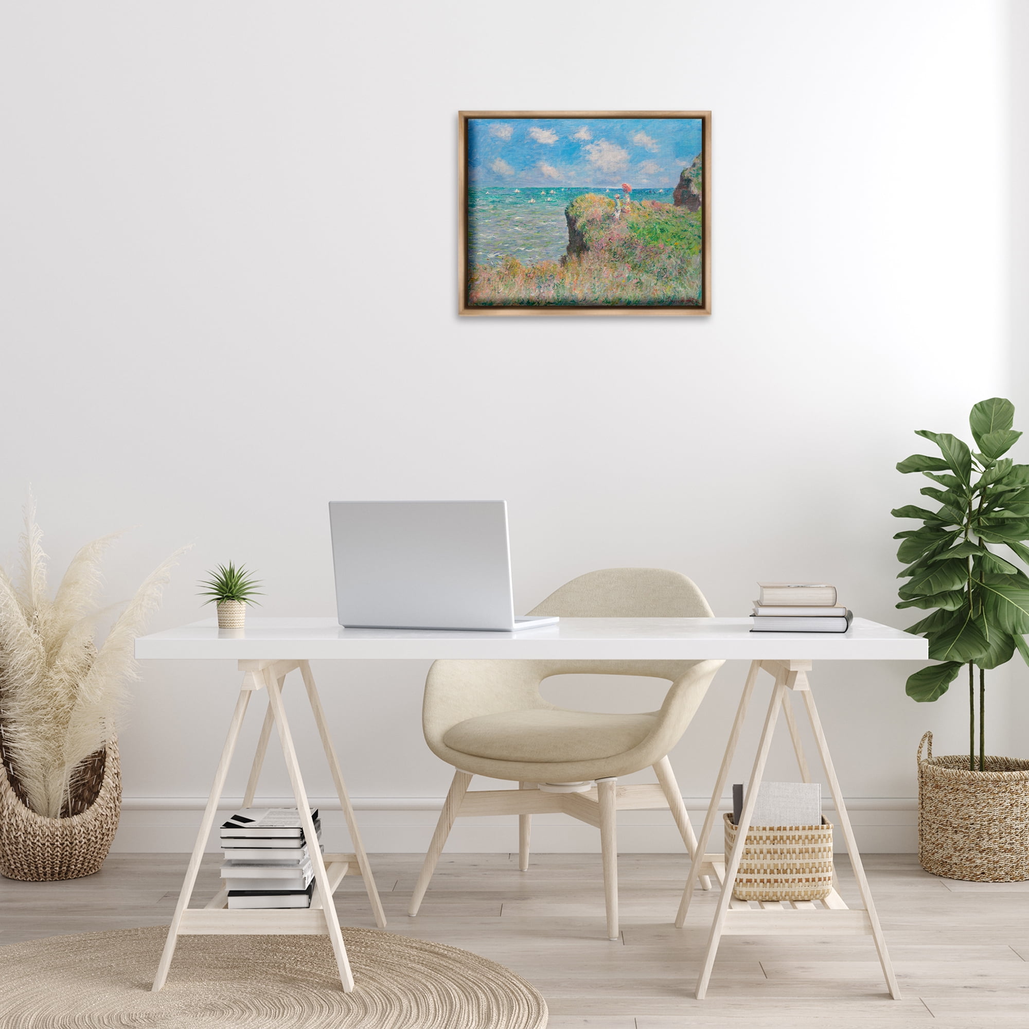 Stupell Industries Classic Monet Cliff Walk Landscape & Nature Painting Brown Floater Framed Canvas Art Print Wall Art, 21 x 17
