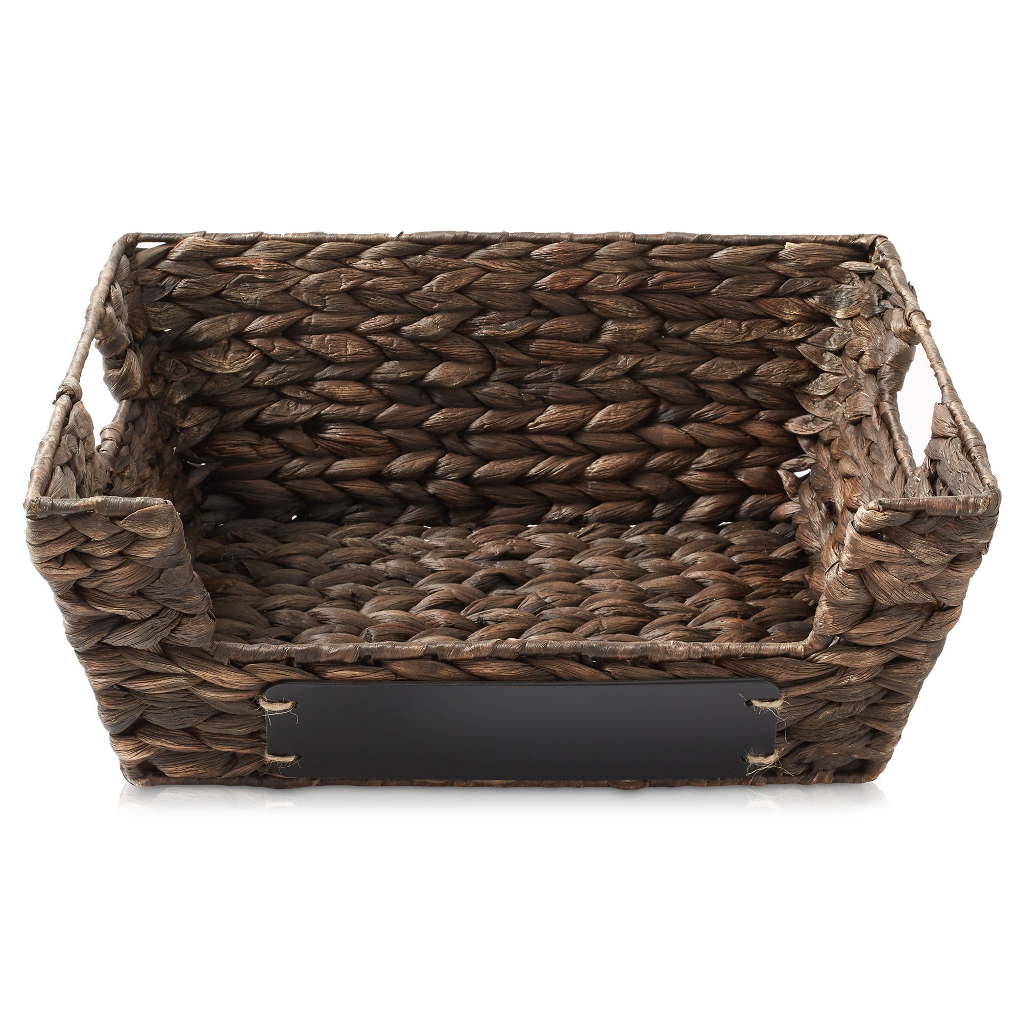 Casafield (Set of 2) Water Hyacinth Pantry Baskets with Handles and Chalkboard Labels - Espresso, Wide Woven Storage Baskets for Kitchen Shelves