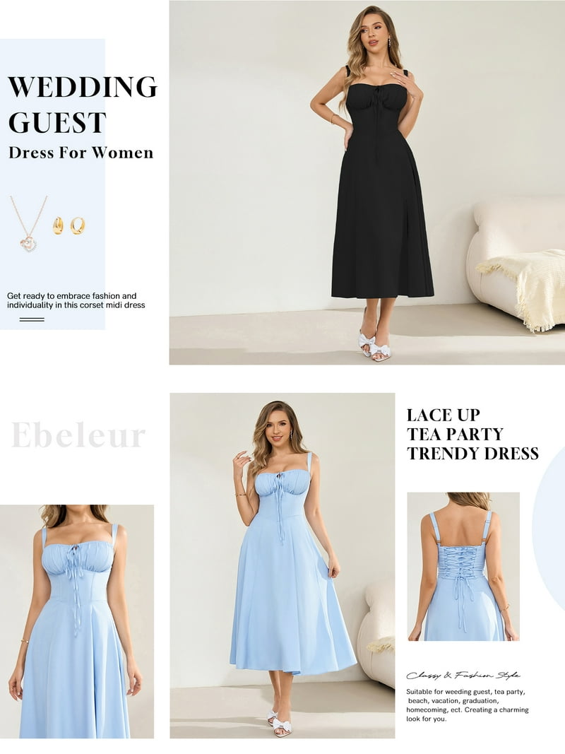 eBeleur Women's 2025 Summer Midi Corset Dress Wedding Guest Dresses A Line Flowy Slit Going Out Sundress for Tea Party, Size: Medium, Black