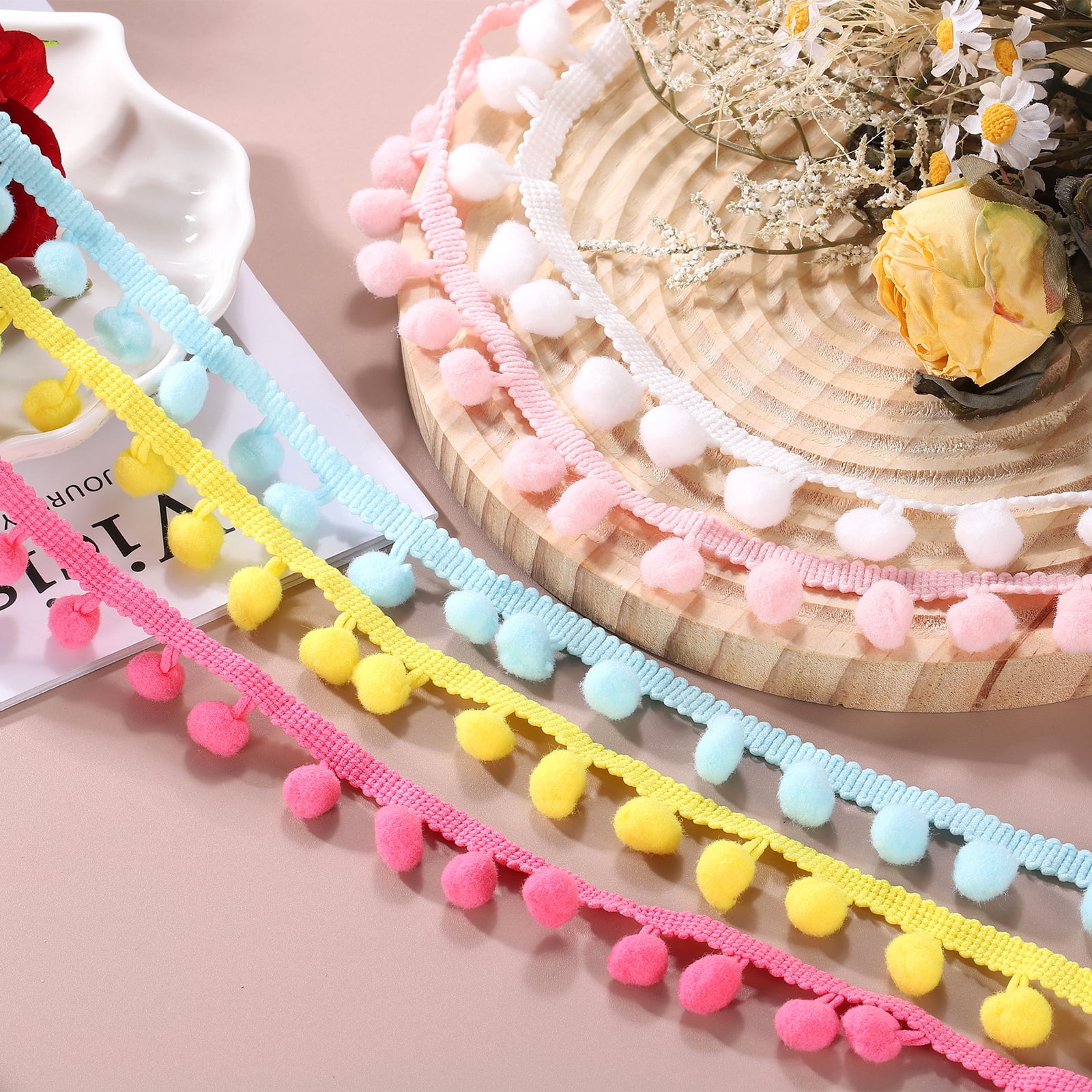 Unique Bargains Pom Trim Ribbon Wide Ball Fringe Trim DIY Crafting Light Yellow