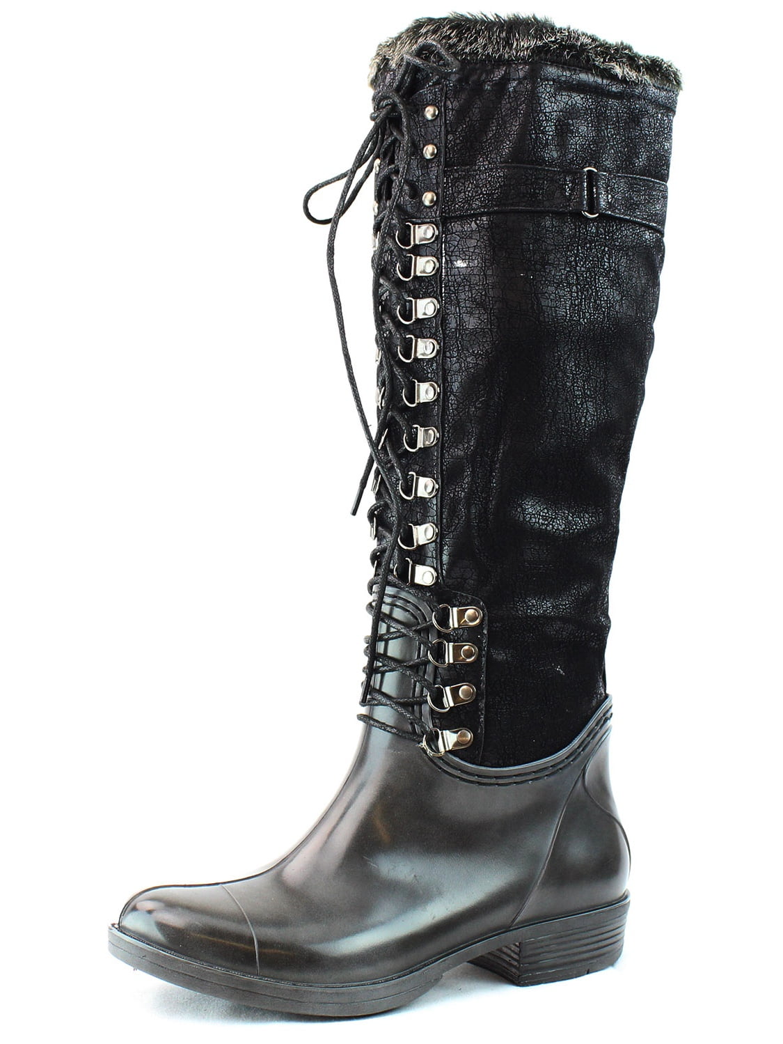 black lace up rain boots