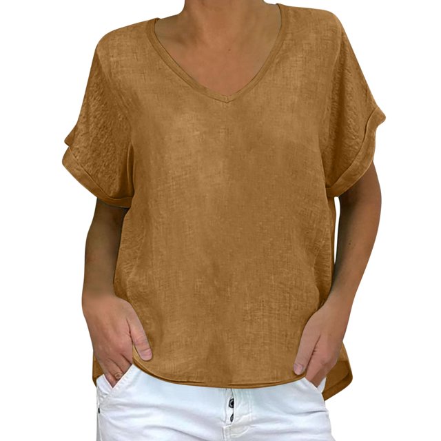Dvprdro Hauts d'Été en Imitation Coton et Lin pour Femmes T-Shirt à Manches Courtes Col en V Décontracté