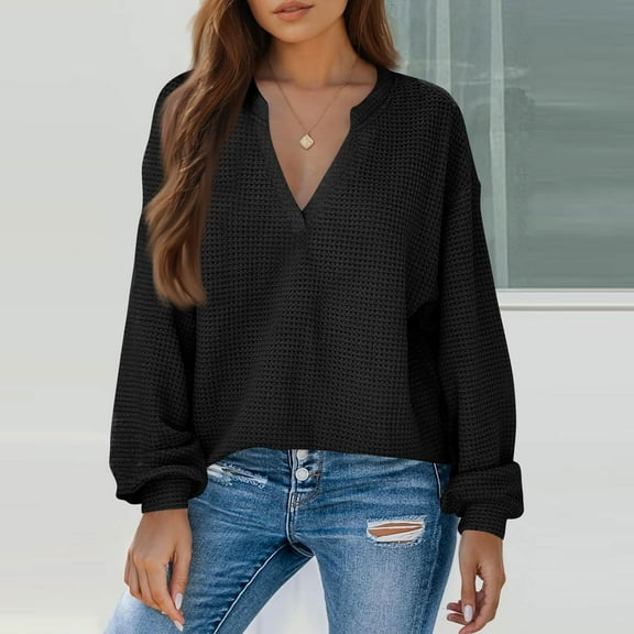Fancifize Long Sleeve Shirts for Women Waffle V Neck Tunic Tops Causal Loose Fit Dressy Pullover Basic Fall Outfits
