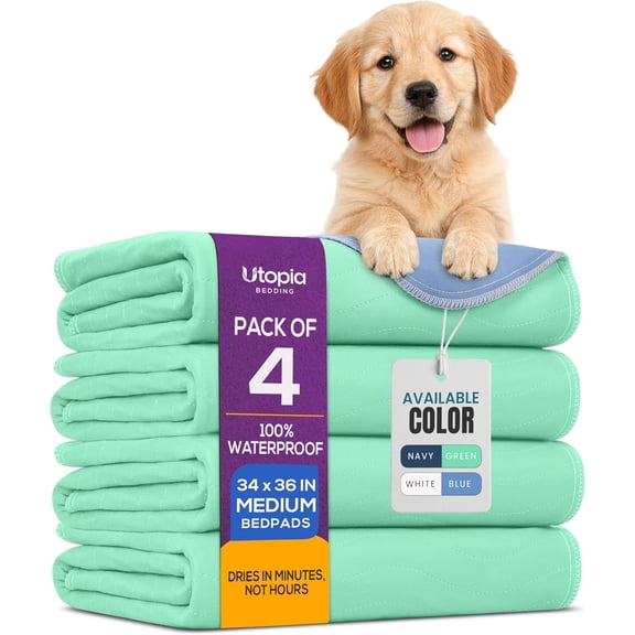 Utopia Bedding Washable Pee Pads for Dogs 34" x 36" (Pack of 4), Waterproof Incontinence Bed Pads for Adults, Elderly and Kids, Heavy Absorbency Pet Training Pads for Sofa and Couch (Green, Blue)