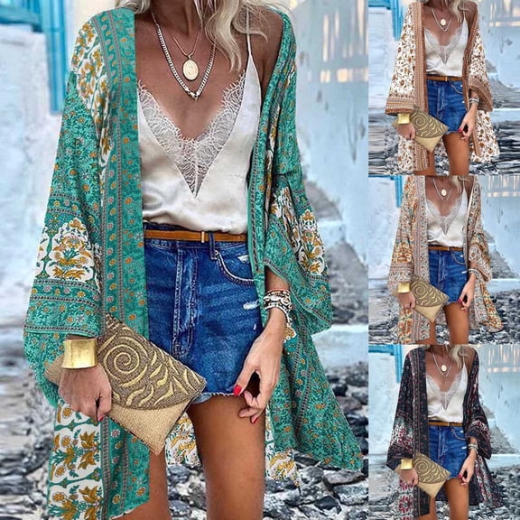 CAIXIA Womens Bohemian Print Loose Long Sleeve Cardigan, Lightweight Casual Beach Holiday Vacation Cover Up Top,Beige