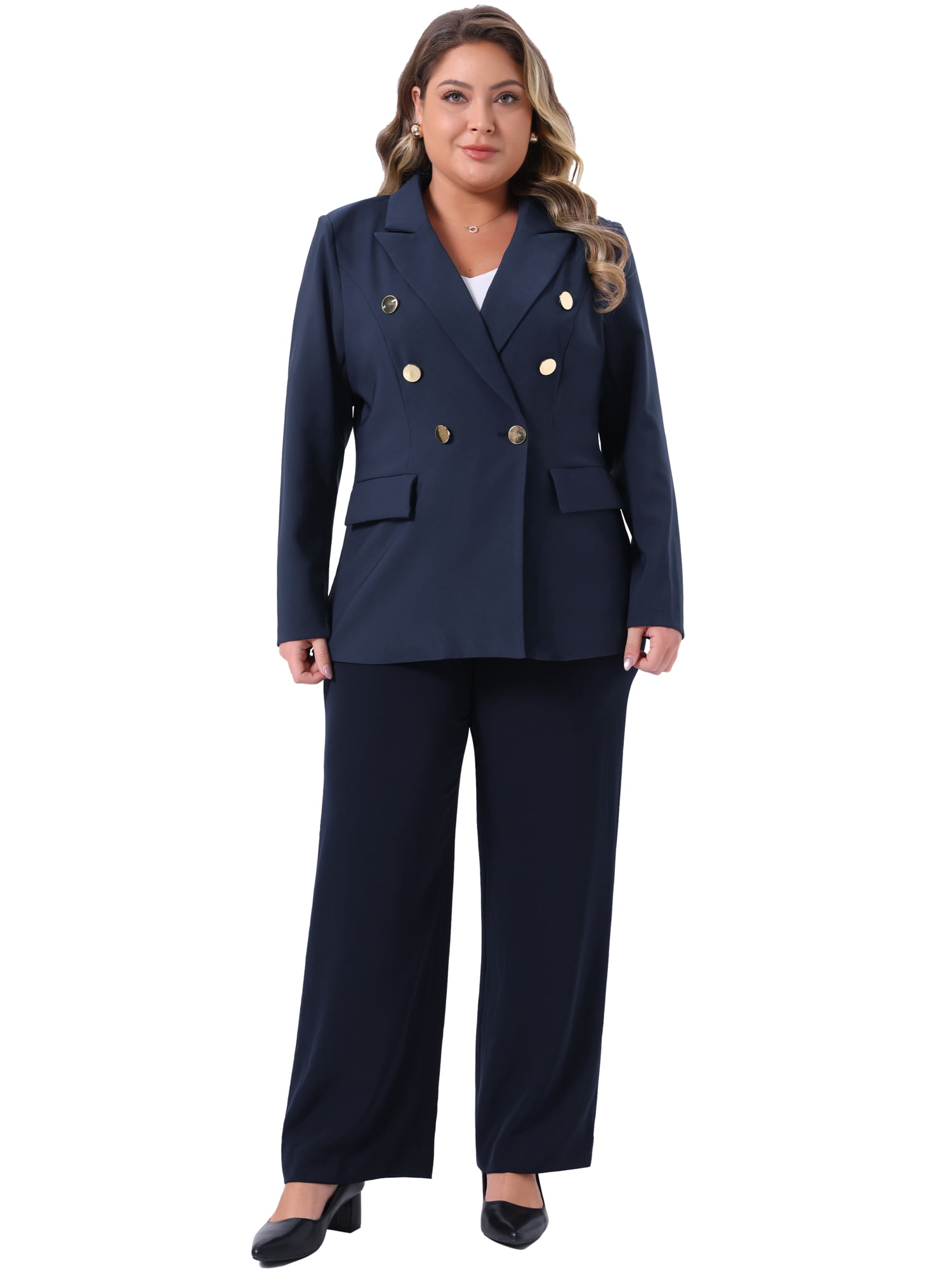 DARING DIVA Women's Plus Notch Lapel Double Breasted Office Work Blazer 3X Navy Blue