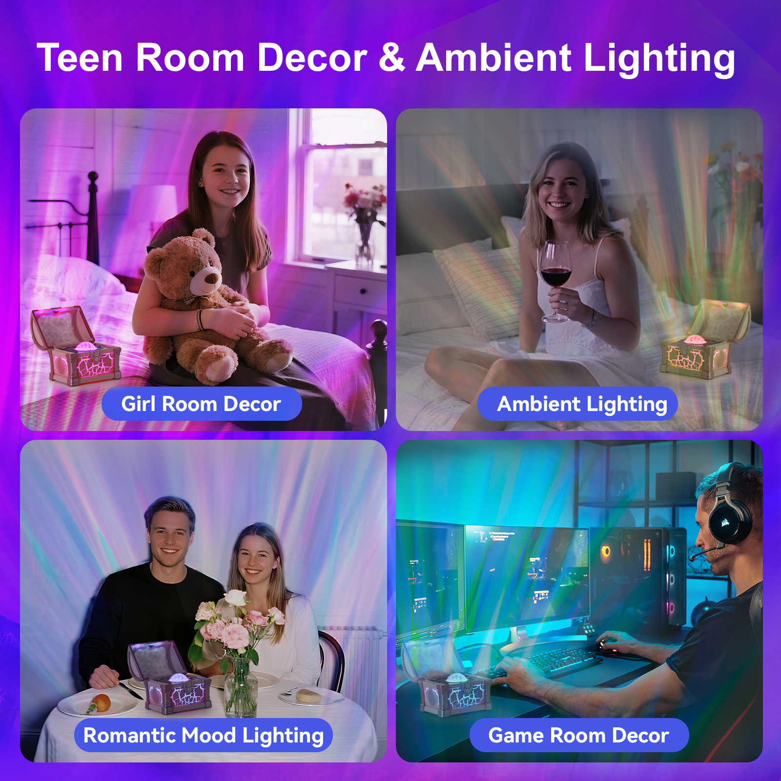 Northern Lights Projector, 7 Colors Treasure Chest Night Light Aurora Lights Projector with 8 Effects & Remote, Dimmable Galaxy Light Ambient Lighting for Bedroom, Gifts for Kids Teen Women