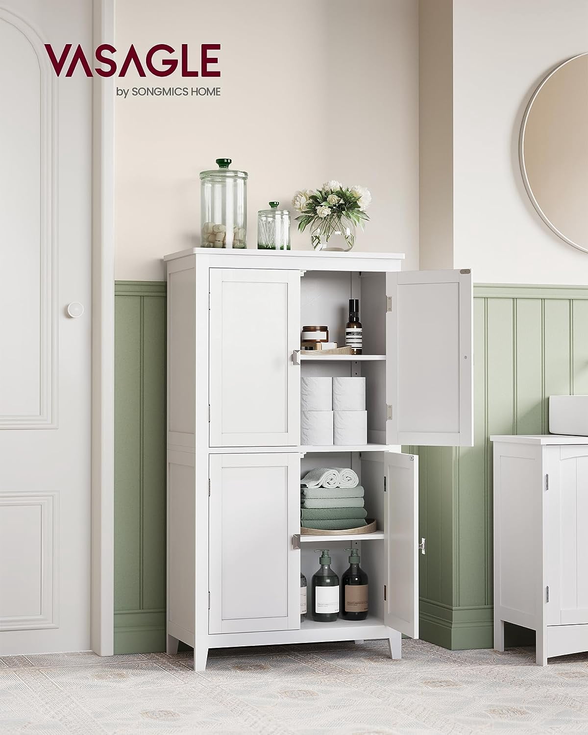Floor Storage Cabinet,  Storage Unit, Freestanding Cabinet with 4 Doors, 11.8 x 23.6 x 43.3 Inches, White