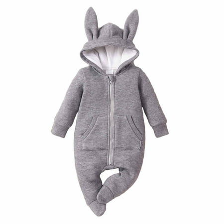 

YWDJ 0-12 Months One Piece Outfit Easter Spring Fall Infant Hooded Bear Ear Romper With Pockets Jumpsuit Gray 0-3 Months