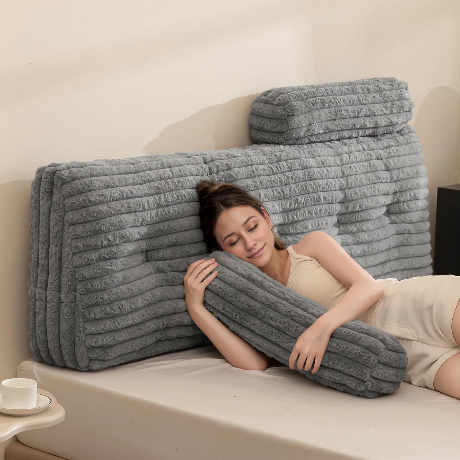 Triangular Headboard Wedge Pillow with 2 Cylindrical Pillows and Memory Foam Filling, Daybed Pillows for Sitting up, Reading or Working with Removable Cover,Queen 59.1"x19.7"