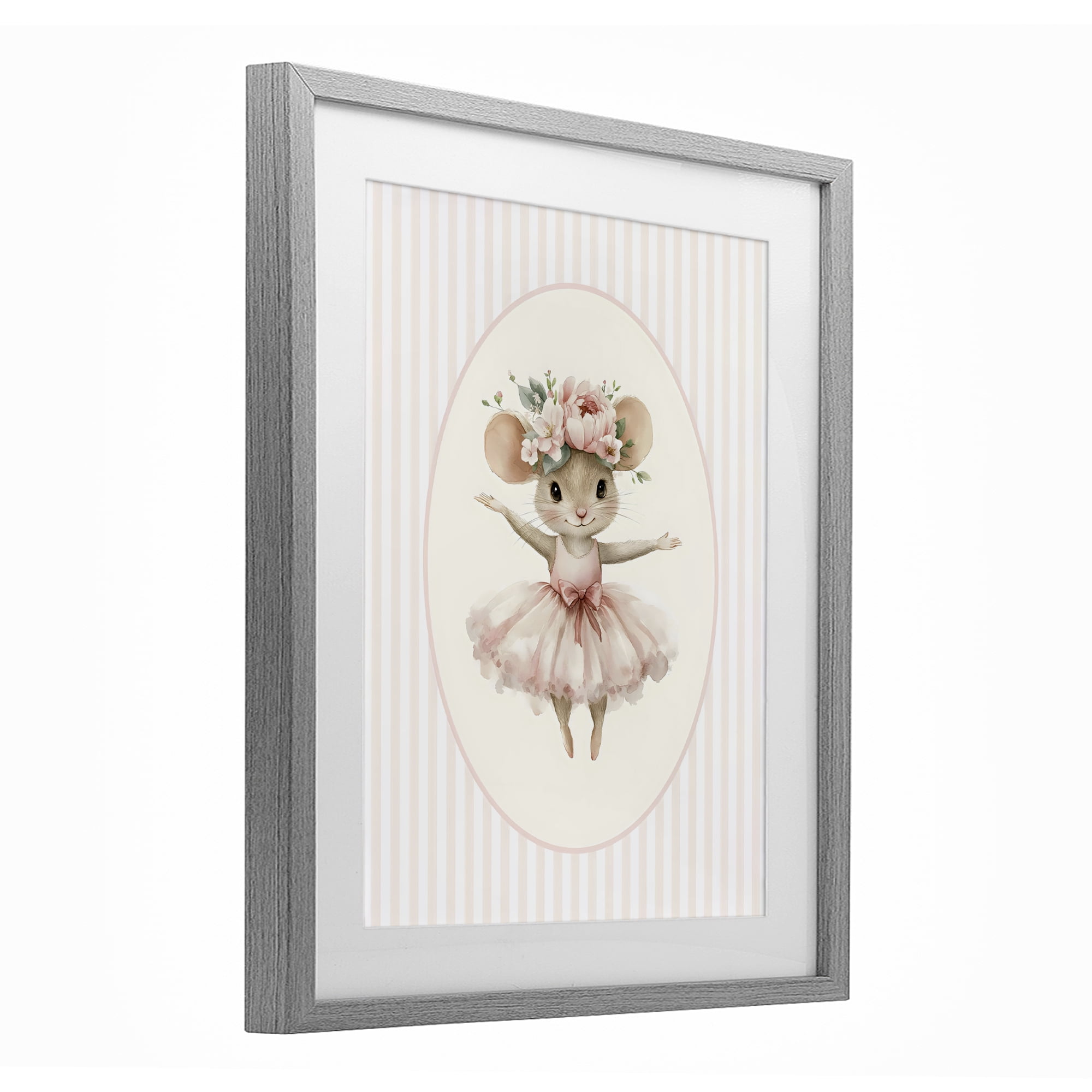 Stupell Industries Nursery Ballerina Mouse Striped Gray Framed Print Under Glass, design by LSR Design Studio
