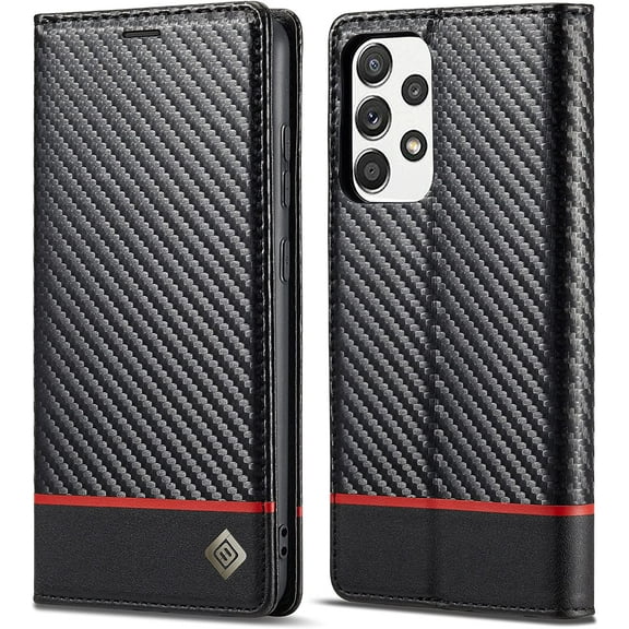 for Samsung A52 5G Case,Carbon Fiber Premium PU Leather Ultra Thin Shookproof Anti-Fall Folding Screen Phone case Compatible with Samsung A52 5G,Horizontal Red Line