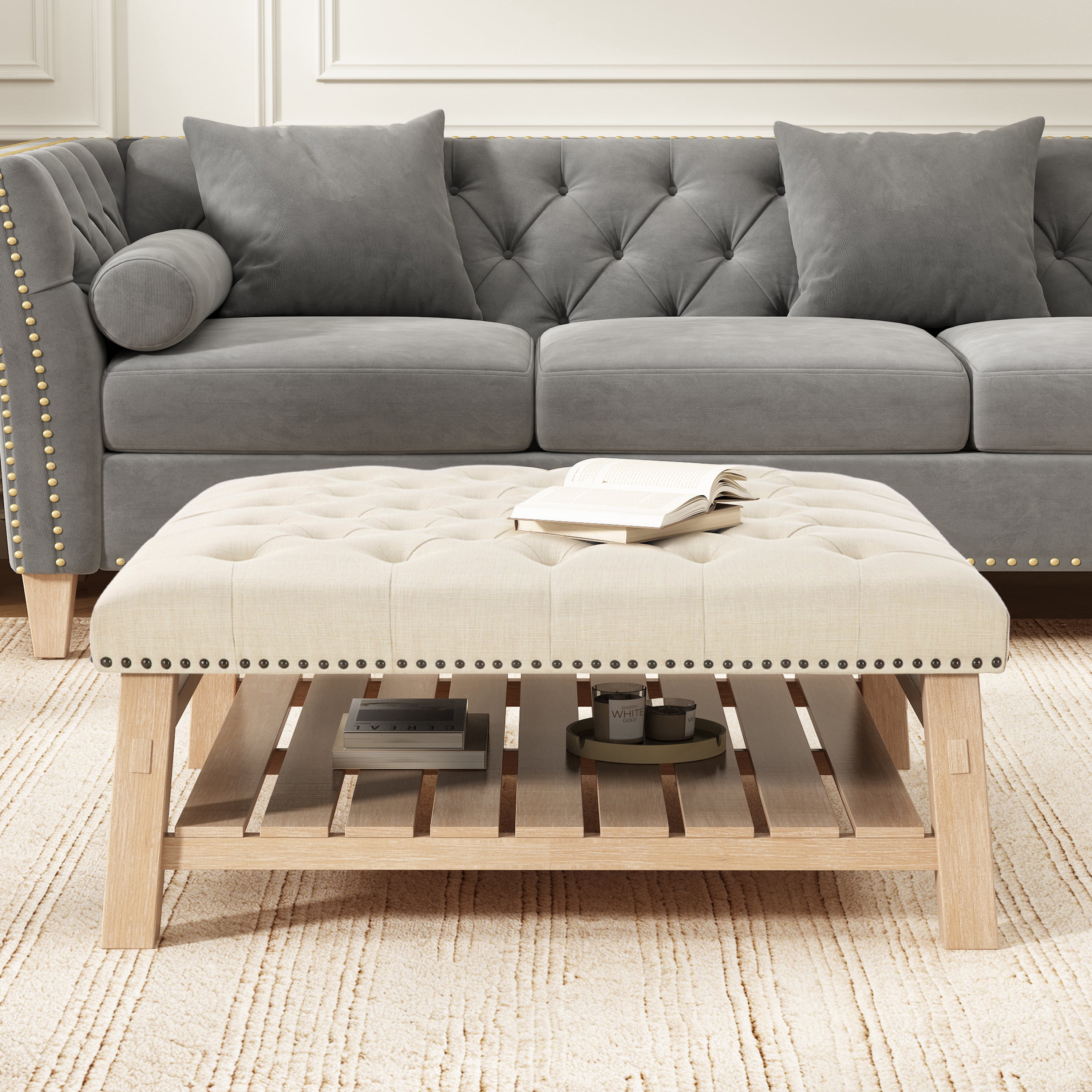 GARITIN Tufted Square Ottoman 41.5 Inch, Large Upholstered Footstool Coffee Table with Slatted Storage Shelf and Nailhead Trim, Beige