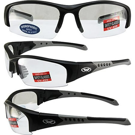 Global Vision Bold Safety Sunglasses Black and Grey Frames Clear Hydrophobic Lenses ANSI Z87.1