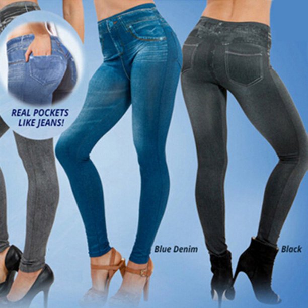 MELLCO High Waist Women's Faux Denim Jean Leggings Slim Stretch Pencil Jegging Pants,Blue,XXL - image 2 of 12