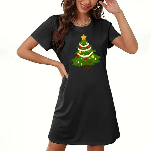 Camisón corto navideño para mujer, talla grande, cuello redondo, manga corta, estampado en el pecho, vestido de noche para mujer