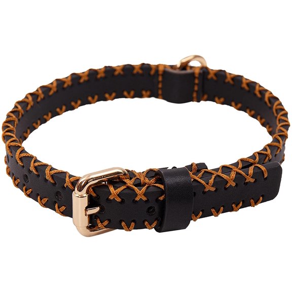 Scotch&Co Leather Pet Collars – Leather Pet Neckband with Elegant Waxed Cotton Stitched Edges | Adjustable Brass Buckle | Suitable for Small & Medium Breed Dogs | Black-Tan | Small (9"-12")