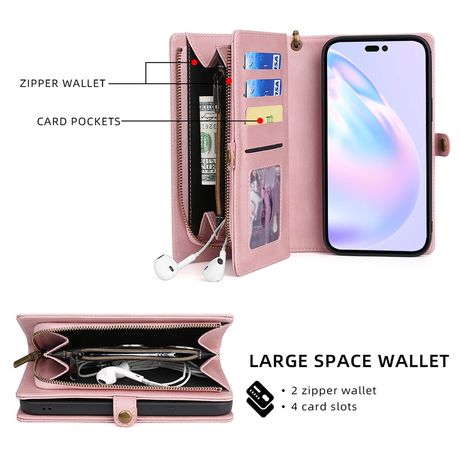 Defencase for iPhone 16 Case for Women Men, Removable Durable PU Leather Magnetic Flip Strap Wristlet Zipper Purse Card Holder Detachable Wallet Phone Cases for iPhone 16, Pink