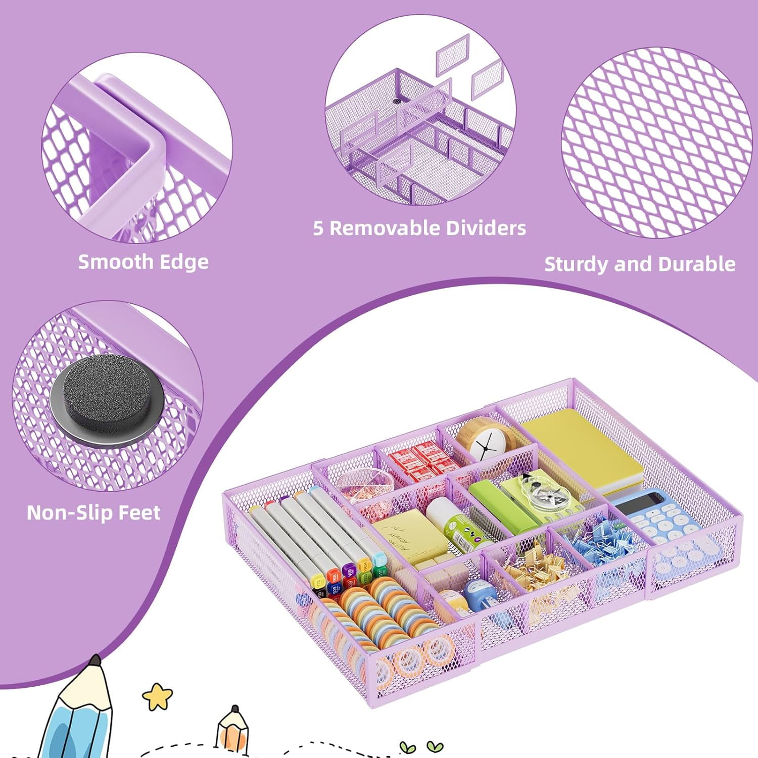 Expandable Desk Drawer Organizer, Mesh Drawer Organizer Tray with 10 Adjustable Compartments, Desk Organizers and Accessories for Office Supplies, Makeup & Vanity (Expandable-Purple 2 pack)