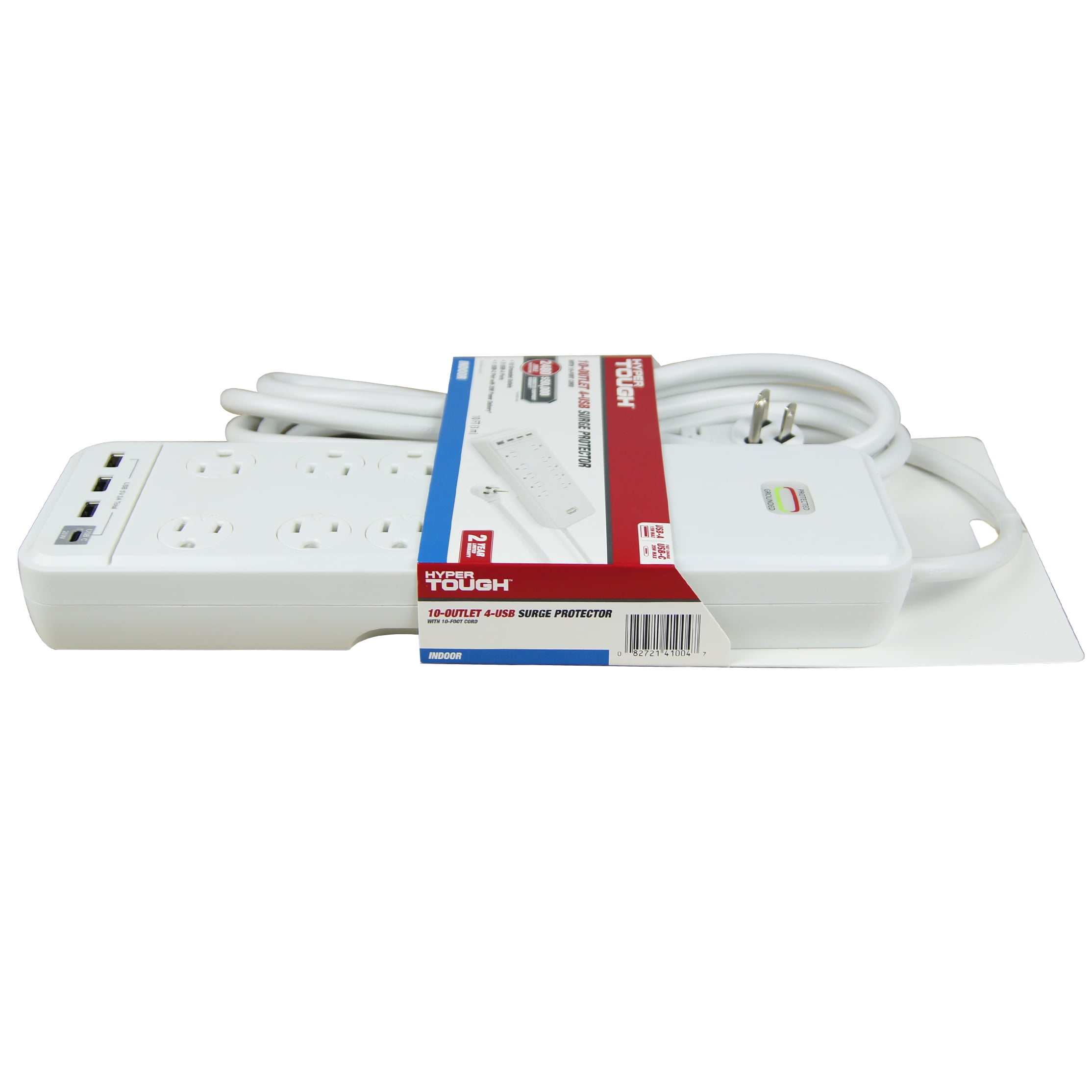 (2 pack) Hyper Tough Indoor 10-Outlet 10ft Surge Protector 2480-Joule Protection with 4 USB Ports, White