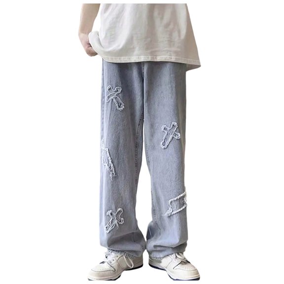 GXWEA Boys' Jeans Boys Cross Patch Frayed Wide Leg Denim Pants Kids Light Wash Loose Jeans Spring Streetwear（Blue,4-5 Years）
