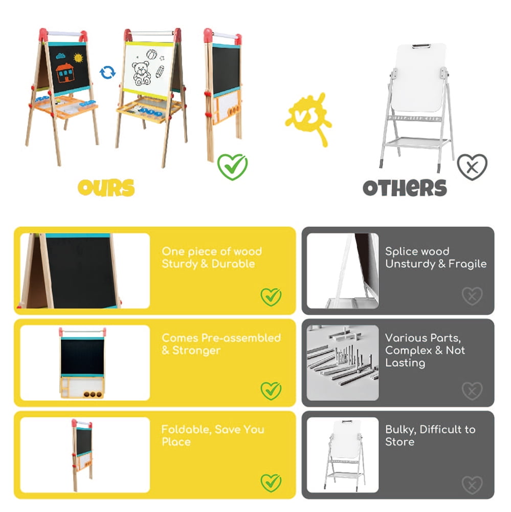 Beipoo Kids Art Easel with Paper Roll, Foldable Wooden Easel for Toddlers, All-in-one Painting Easel for 2-12 Years Children, Adjustable Drawing Station with Chalkboard & Magnetic Whiteboard
