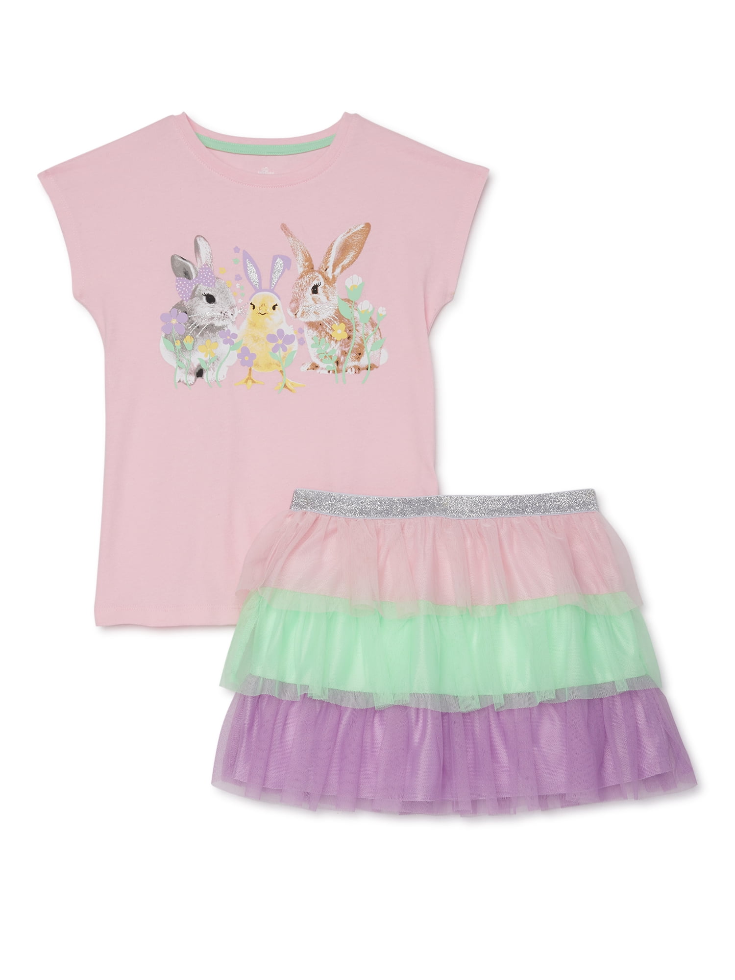 Easter Girls Bunny Graphic Tee & Mesh Skirt, 2Piece Outfit Set, Sizes