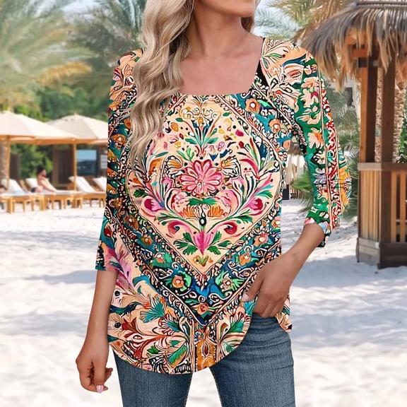Jsaierl 3/4 Sleeve Tops for Women Plus Size Round Neck Shirts Fashion Graphic Ladies Blouses Workout Vacation Tunic Top S-5XL