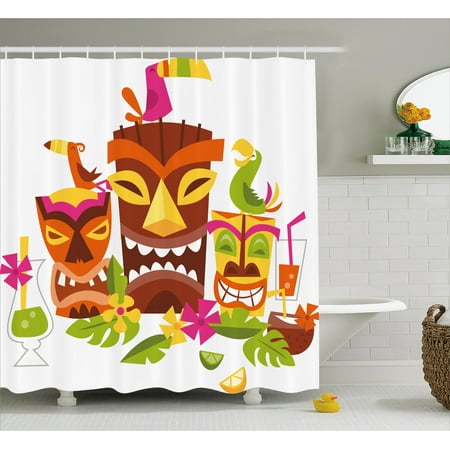 Luau Character Curtain - Luau Shower Curtain, Three Grimacing Tiki Party Masks Surrounded by Leaves Drinks and Happy Toucan Birds, Fabric Bathroom Set with Hooks, Multicolor, by Ambesonne