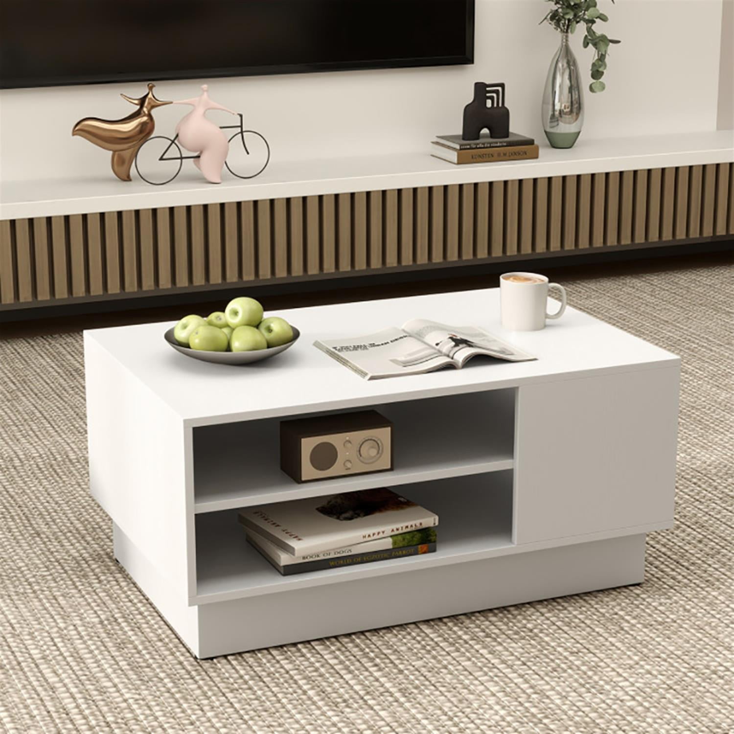 Demi Bonn Modern Coffee Table, Dining Center Tables with 2-Tier Open Storage Shelves for Living Room, Bedroom, Office and Balcony, White