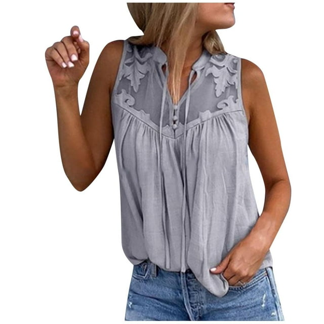 Womens Summer Tops, Spring Summer Temptation Solid Color Chiffon Stitching Lace V-Neck Sleeveless, Women's Top