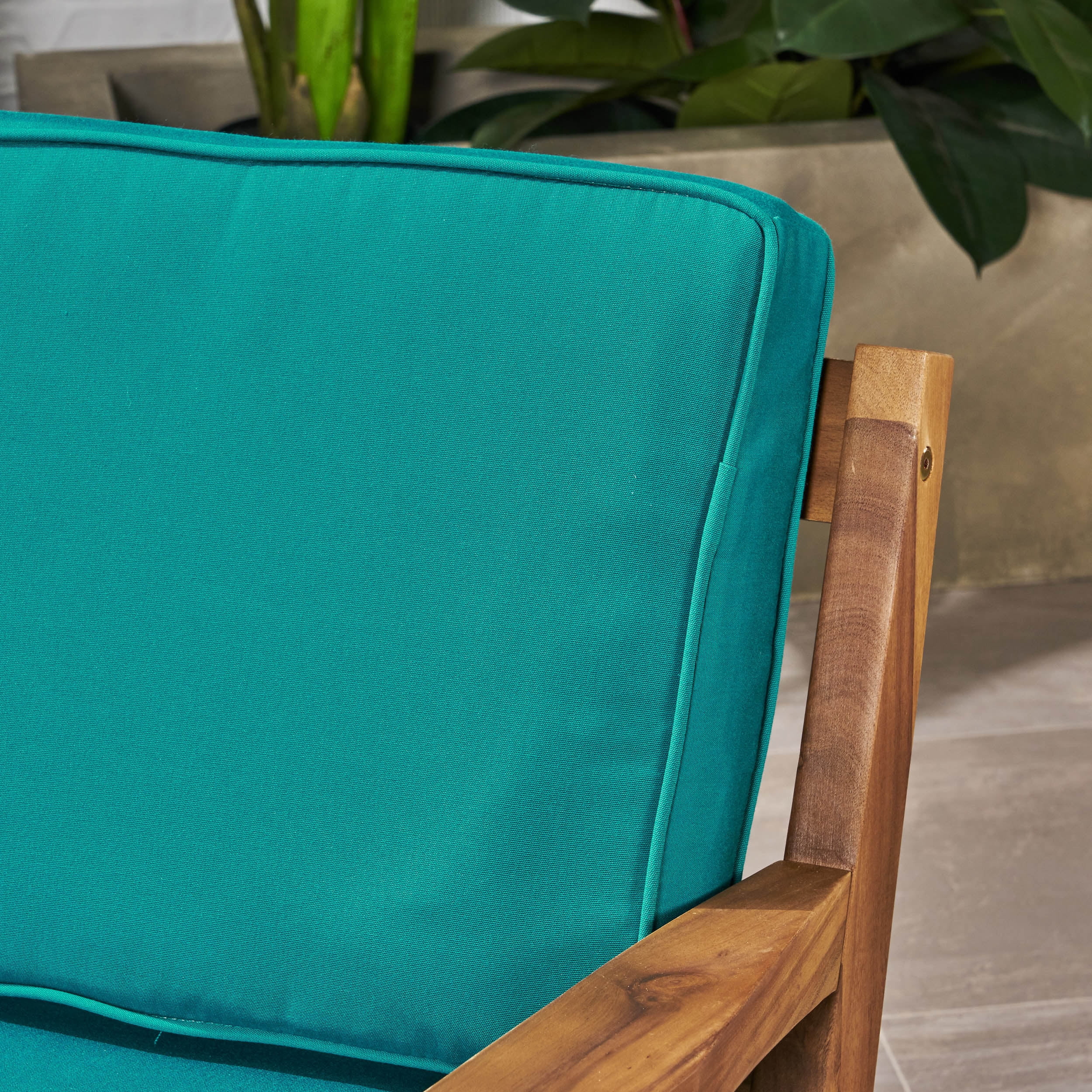 Wilcox Outdoor Acacia Wood Loveseat and Coffee Table Set with Cushions, Teak, Sunbrella Canvas Teal