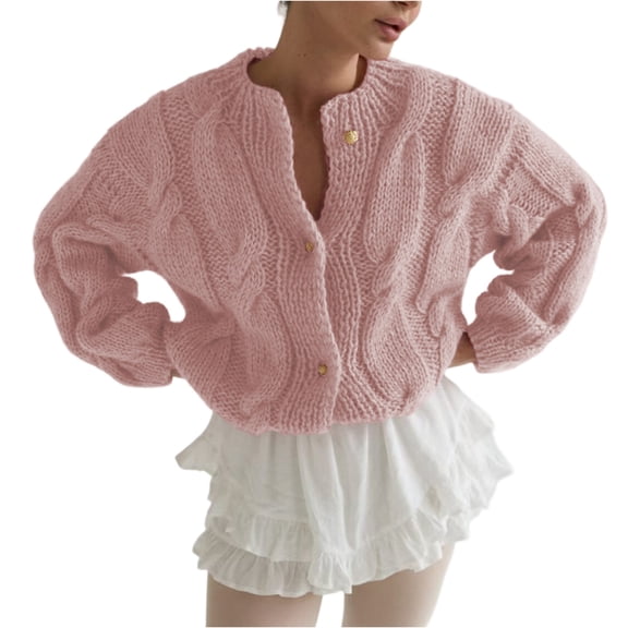 CharmCyan Women's Round Neck Long Sleeve Cable Knit Cardigan Solid Color Loose Knit Cardigan Sweater Jacket Pink XL