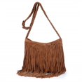 thumbnail image 1 of Leather shoulder bag with fringes and adjustable knitted strap, soft ethnic velvet leather shoulder bag, solid color shoulder bag with fringes, 1 of 5