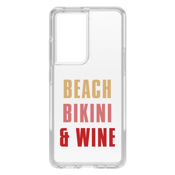 DistinctInk Clear Shockproof Hybrid Case for Galaxy S21 ULTRA 5G (6.8" Screen) - TPU Bumper Acrylic Back Tempered Glass Screen Protector - Beach Bikini & Wine