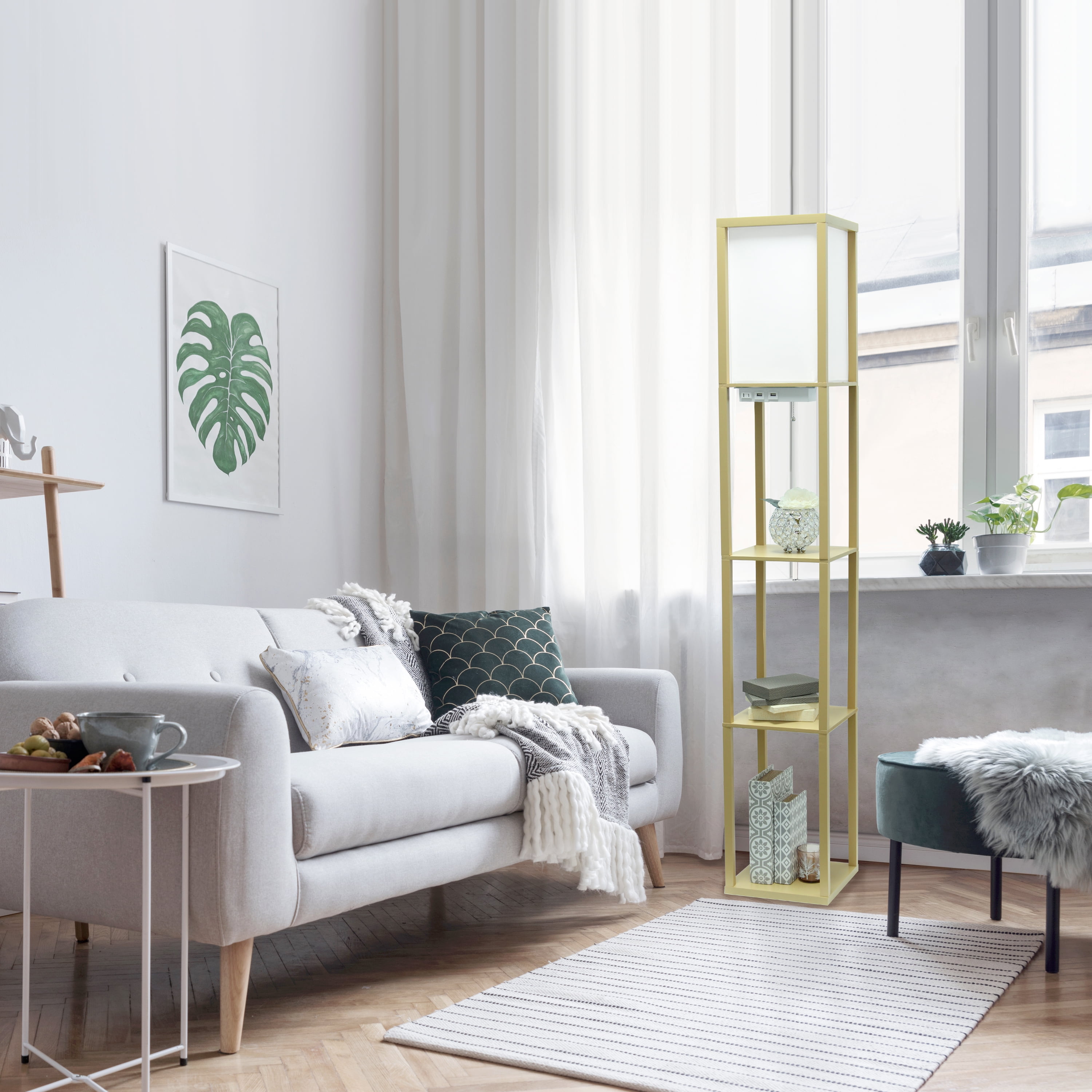 Simple Designs 62.5" 3-Shelf Etagere Floor Lamp with USB, Outlet & LED Bulb, Tan