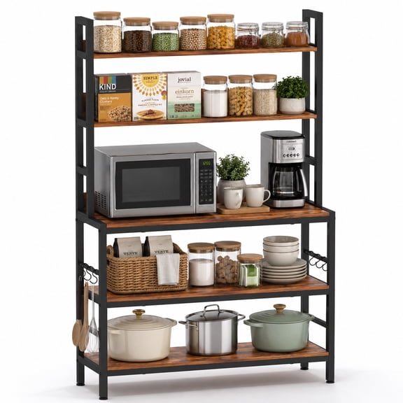 Katalora  5-Tier Kitchen Bakers Rack with Hooks, Microwave Stand and Coffee Bar Station, Freestanding Kitchen Storage Shelf for Pantry, Dining Room, Brown